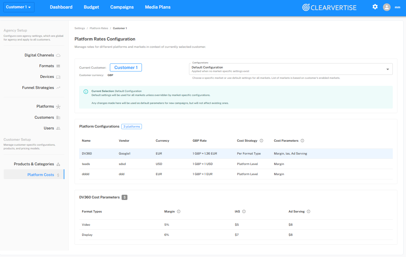 Customisable Settings - Platform Rates Configuration