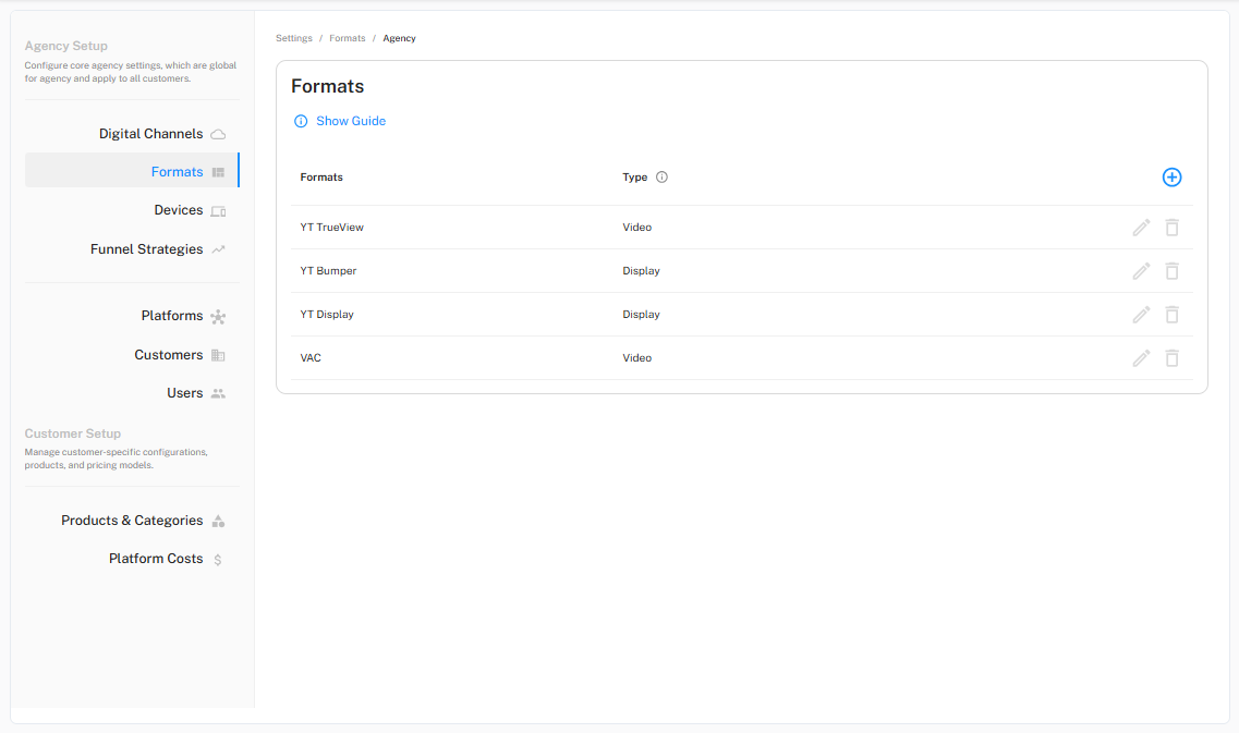 Customisable Settings - Formats definition