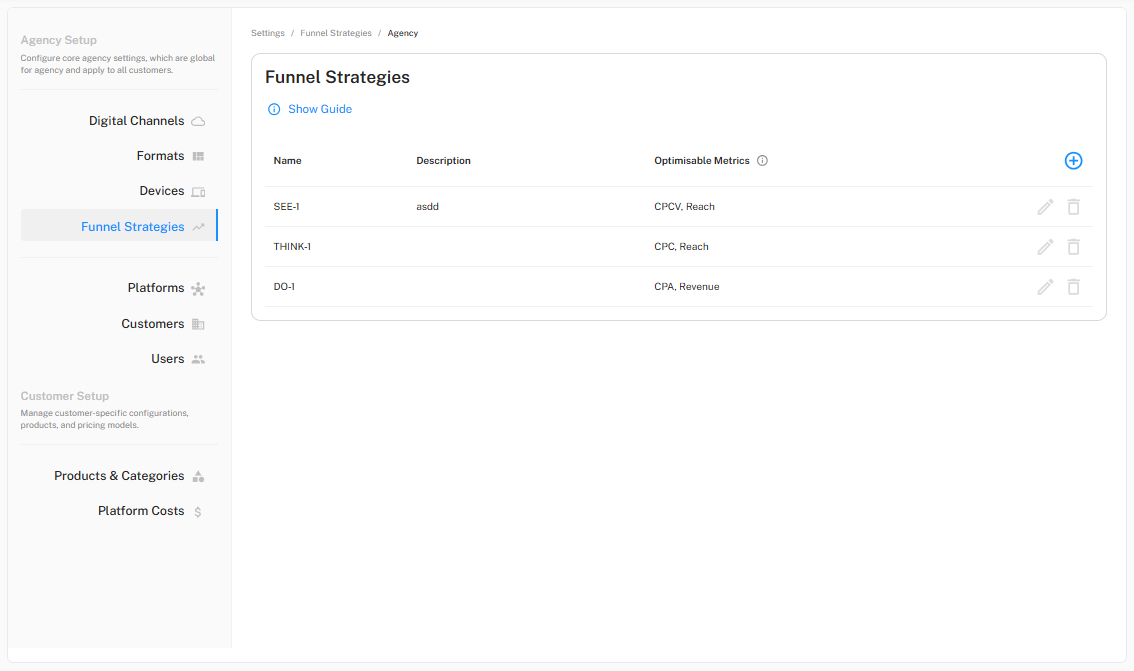 Customisable Settings - Strategies setup